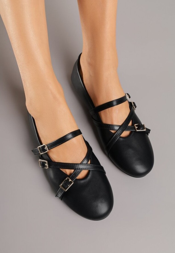 Czarne Balerinki Vices w Stylu Mary Jane ze Skórzaną Wkładką Nalievre