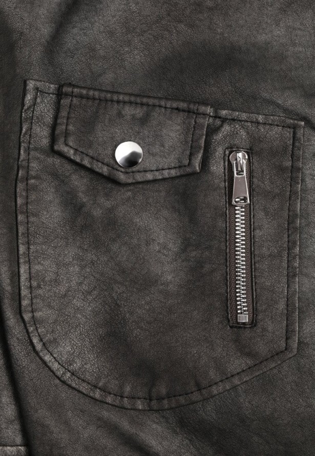 Ciemnoszara Kurtka o Kroju Ramoneski z Paskiem ze Sprzączką i Kieszeniami Milvila