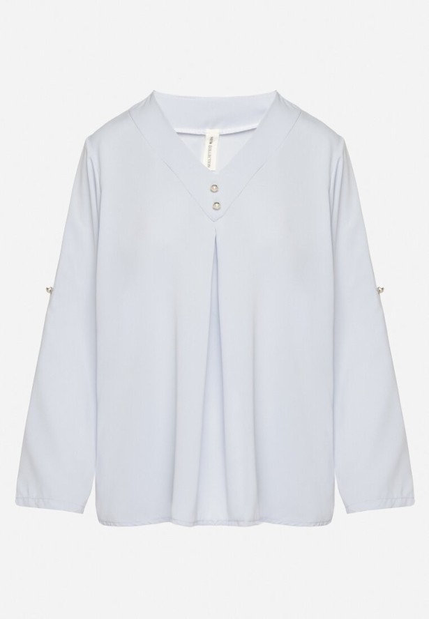 Jasnoniebieska Bluzka o Trapezowym Kroju z Dekoltem w Serek i Podpinanymi Rękawami Aslimi