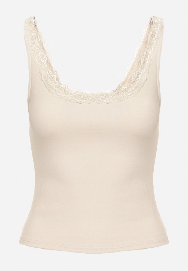 Jasnobeżowy Bawełniany Top na Szerokich Ramiączkach Zdobiony Koronką Linenia
