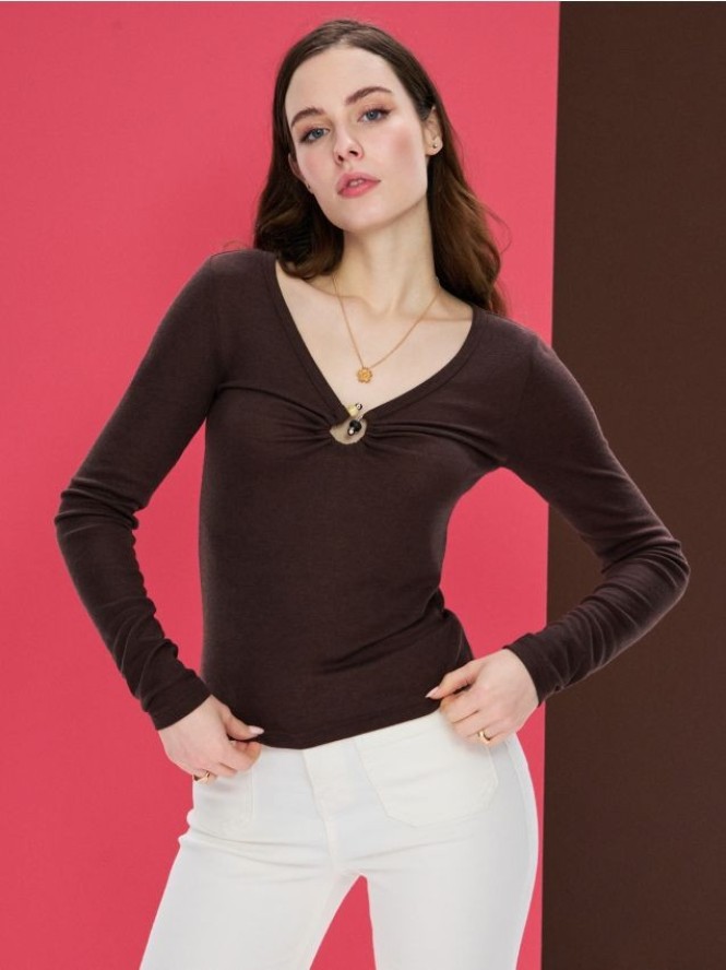 Bluzka z domieszką wiskozy - brązowy