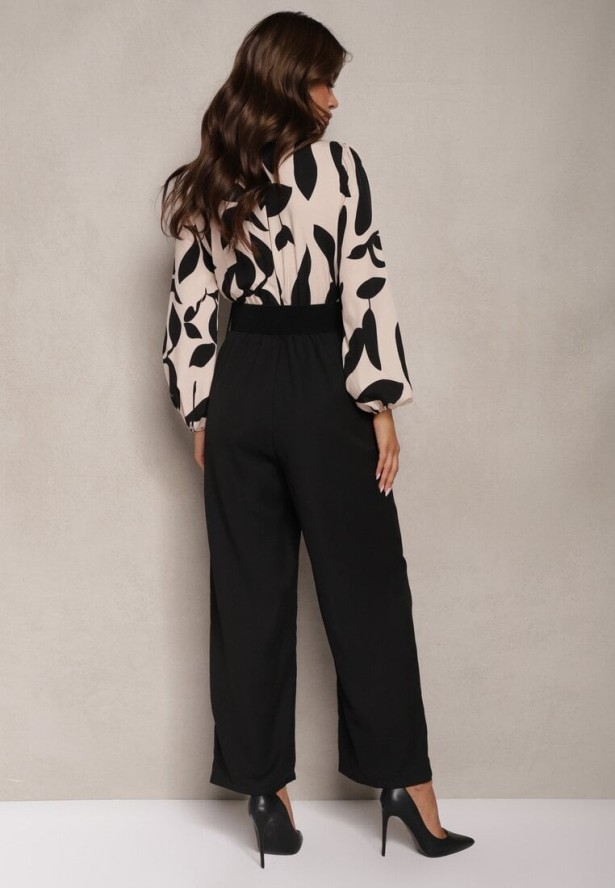 Beżowo-Czarny Długi Kombinezon z Kontrastową Górą i Pasem w Talii Bintia