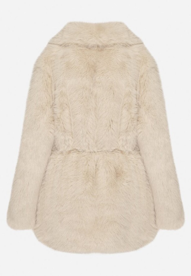 Beżowa Kurtka Futerko o Prostym Kroju z Cienkim Wiązanym Paskiem Casatte