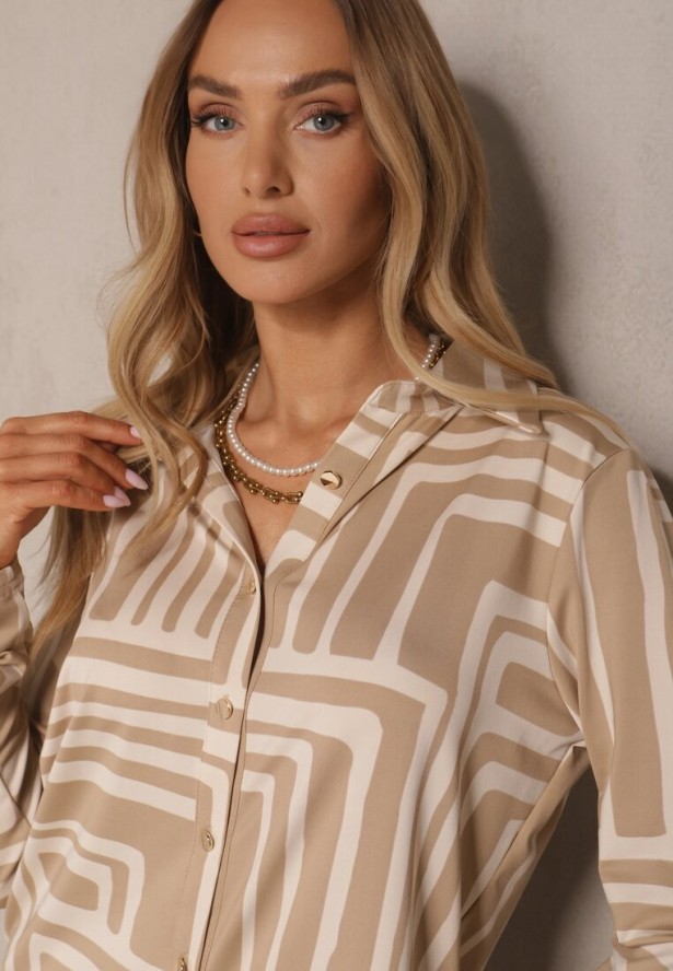Beżowa Koszula z Wiskozą i Geometrycznym Motywem Ulselia