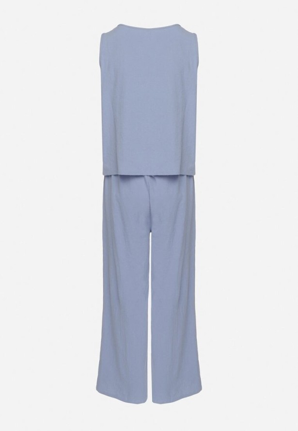 Niebieski Komplet Bawełniany Koszulka bez Rękawów z Guzikami Spodnie z Gumką w Pasie Juliancella