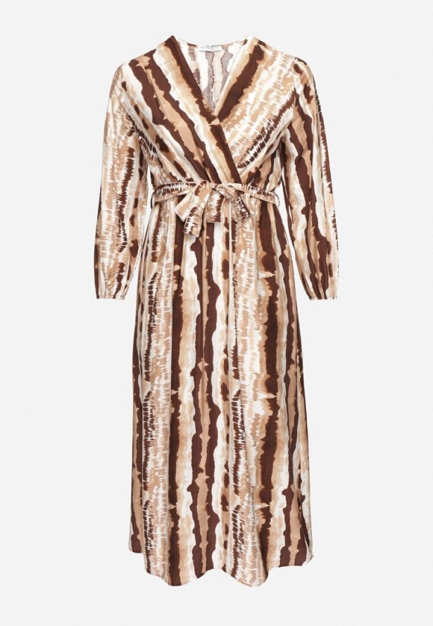 Beżowo-Brązowa Kopertowa Sukienka z Wiskozą i Paskiem w Talii Noranea