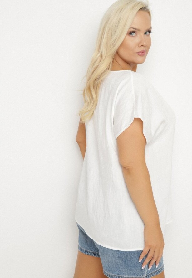 Biała Bluzka z Wiskozą Wiązana przy Dekolcie Dovarelle