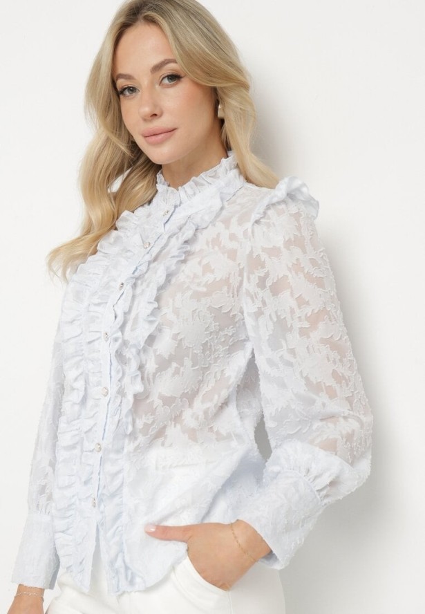 Niebieska Koszula z Koronki z Ozdobnymi Guzikami Zelmi