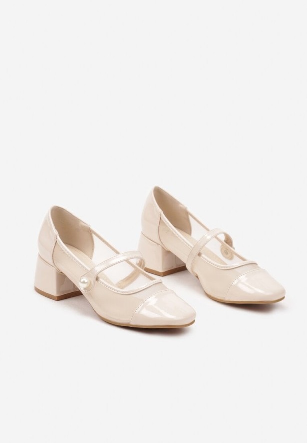 Beżowe Lakierowane Czółenka na Obcasie z Perełką i Transparentną Wstawką Ninnalia