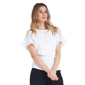 Błyszcząca damska koszulka z krótkim rękawem i falbaną