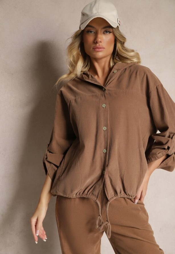 Jasnobrązowa Koszula z Bawełny o Luźnym Kroju z Kapturem i Ściągaczem Felanira