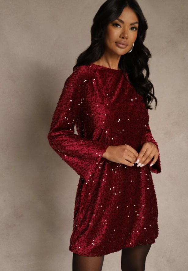 Czerwona Sukienka z Odkrytymi Plecami z Kokardą Zdobiona Cekinami Carilyera