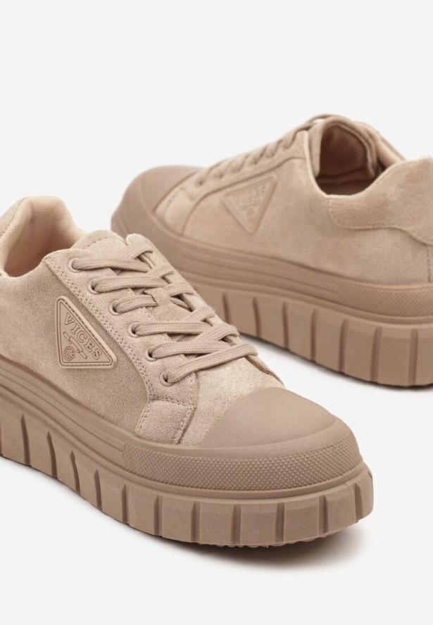 Ciemnobeżowe Sneakersy Vices na Grubej Podeszwie z Geometryczną Aplikacją Leanae
