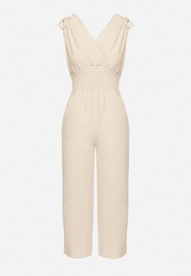 Beżowy Kopertowy Kombinezon z Bawełną i Marszczeniami Lunirisa