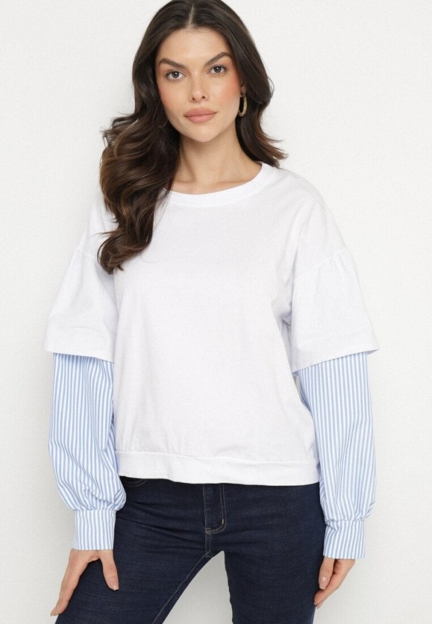 Biała Bluzka z Bawełny z Koszulowymi Rękawami w Paski Firselia