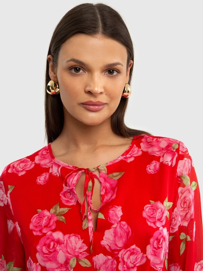 Sukienka damska midi z motywem kwiatowym czerwona Malini 603