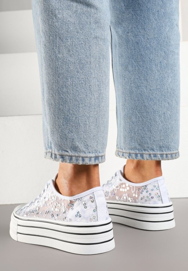 Białe Trampki Vices z Siateczki z Cekinami na Grubej Podeszwie Telanila