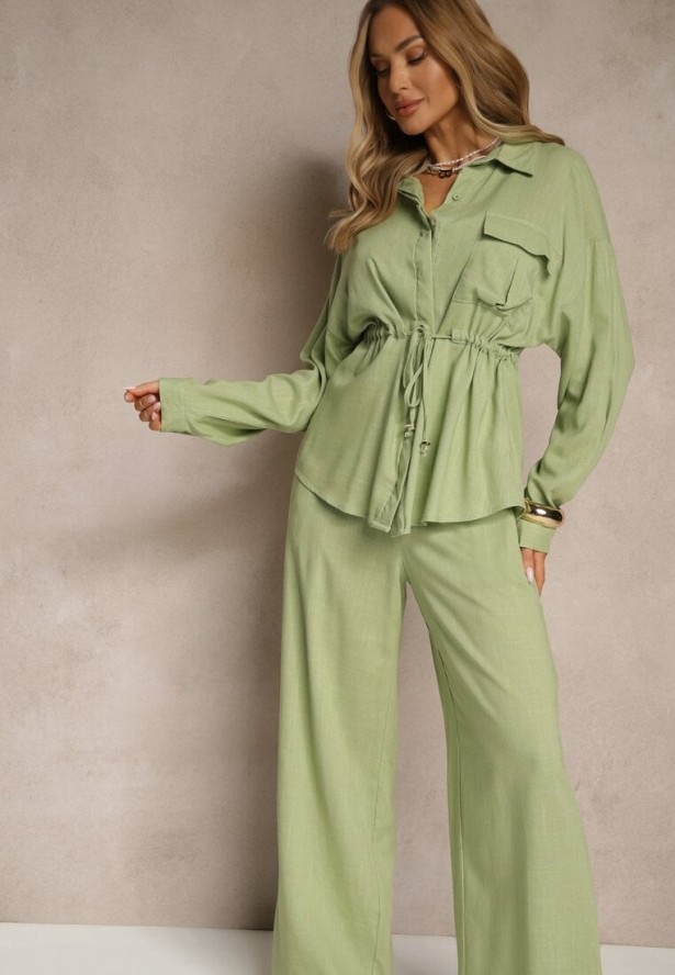 Zielony Komplet z Wiskozą Spodnie o Szerokim Kroju i Koszula Ściągana w Talii Divanea