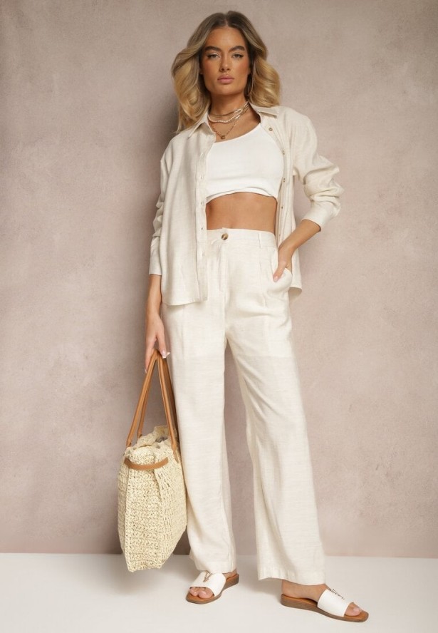 Beżowe Spodnie o Szerokim Kroju z Wiskozy High Waist Lisamara