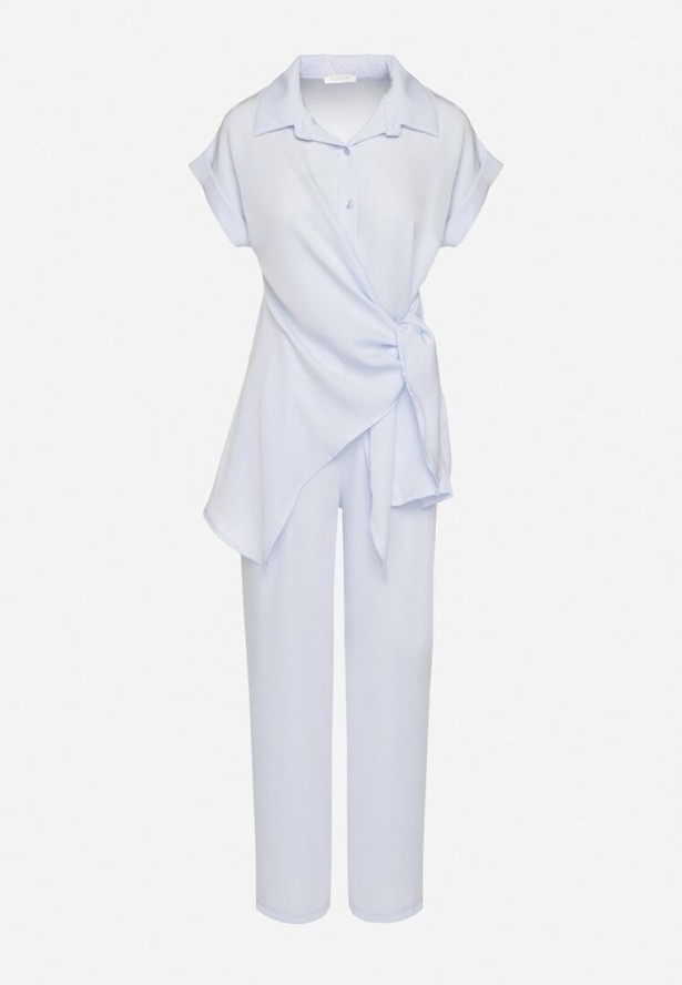Niebieski Komplet Koszula z Asymetrycznym Wiązaniem i Szerokie Spodnie Filivara