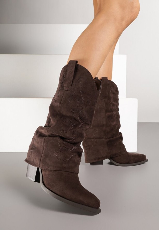 Ciemnobrązowe Botki Kowbojki z Cholewką Imitującą Nogawkę Zellaxie