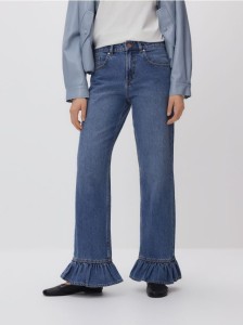 Jeansy wide leg z falbankami - niebieski