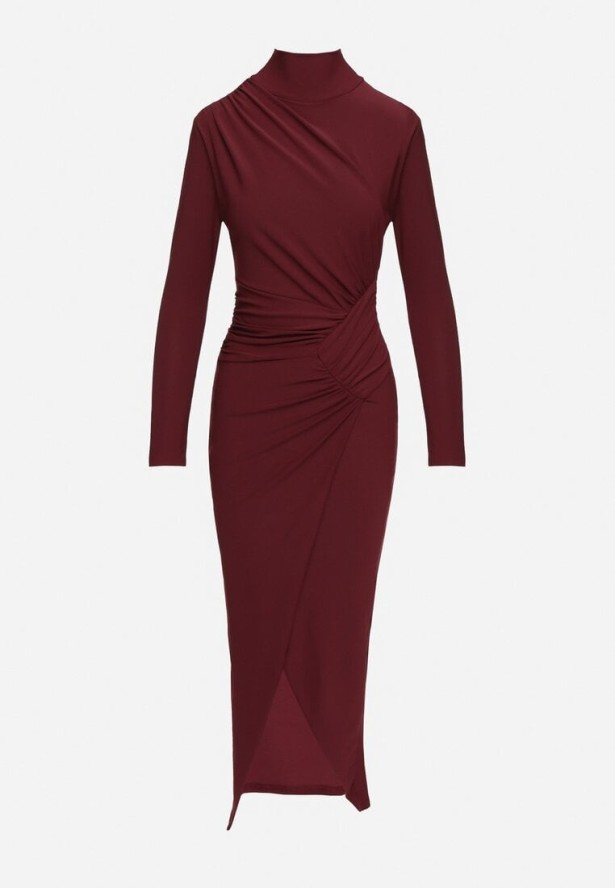 Bordowa Wieczorowa Sukienka z Półgolfem i Marszczeniami Emelisse
