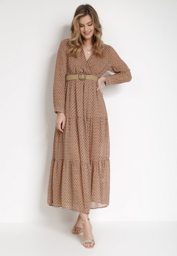 Ciemnobeżowa Sukienka Z Paskiem Deinene