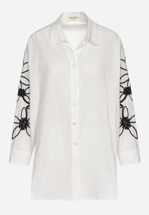 Biała Bawełniana Koszula Oversize z Kwiatowymi Aplikacjami Fadella