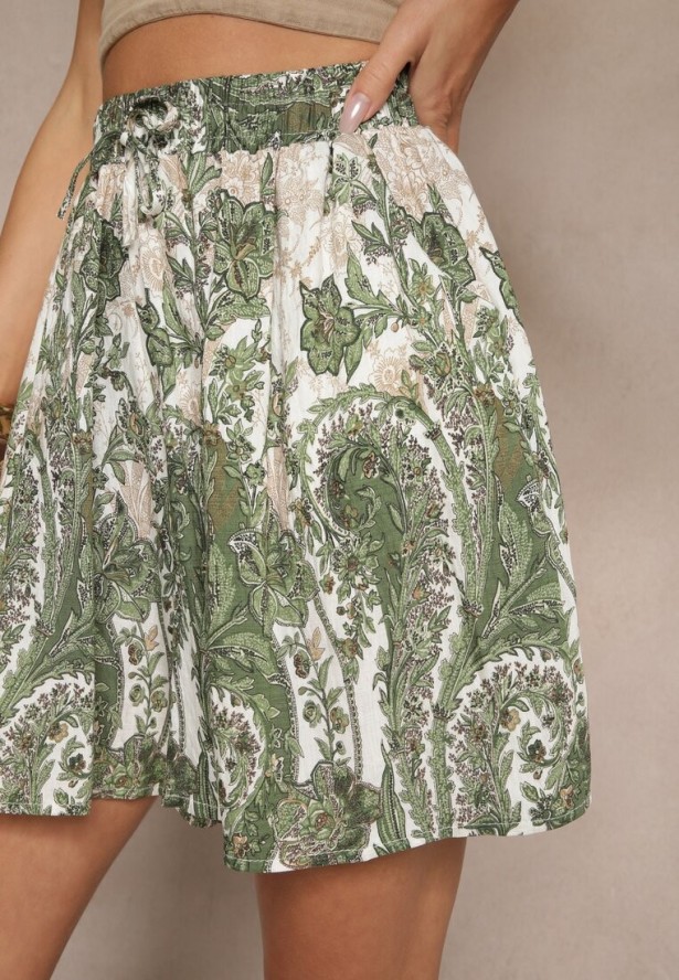 Zielone Szorty z Wiskozy High Waist z Roślinnym Wzorem Orrisell