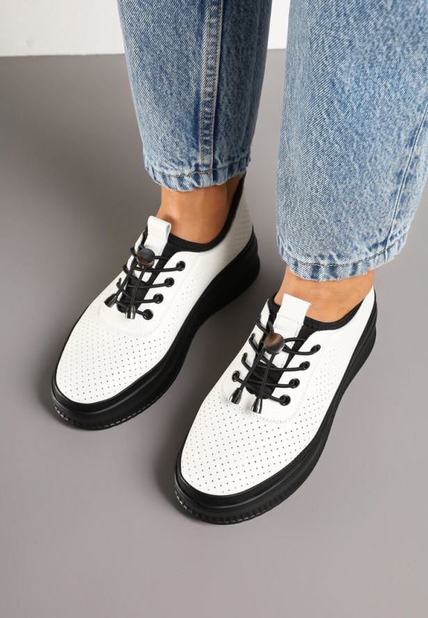 Białe Skórzane Półbuty z Perforacją i Skórzaną Wkładką Melzedra