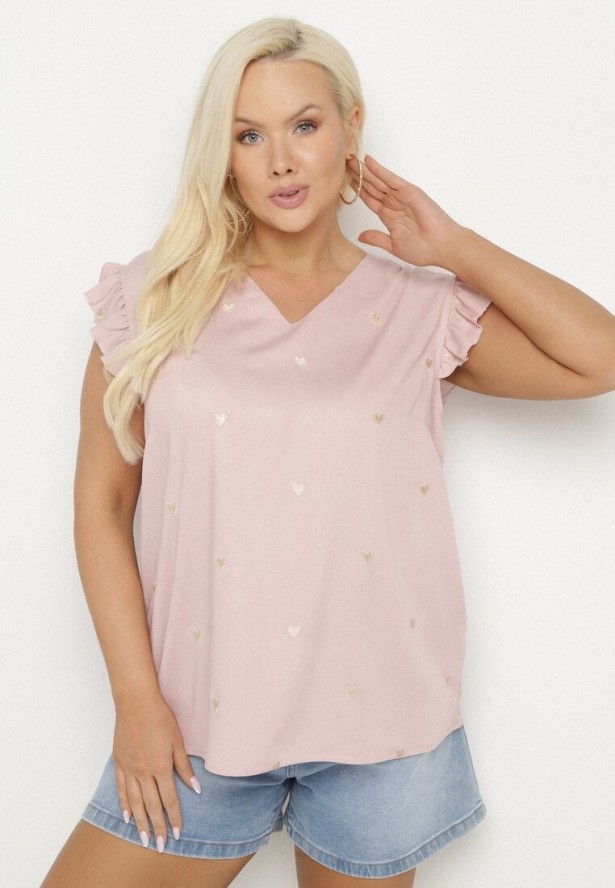 Różowa Bluzka z Wiskozą w Haftowane Serca Nelovira