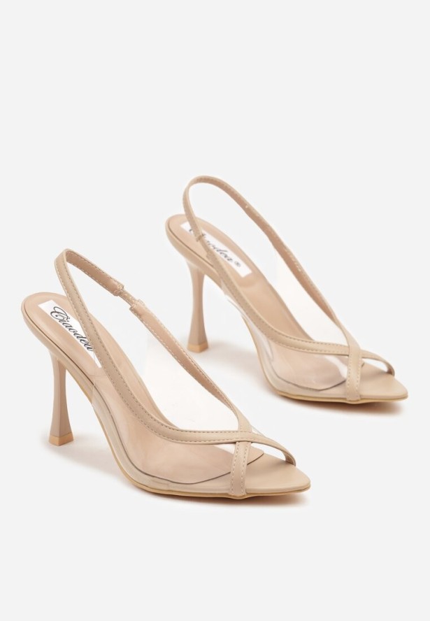 Beżowe Transparentne Sandały na Szpilce Slingback z Noskiem Peep Toe Neothia