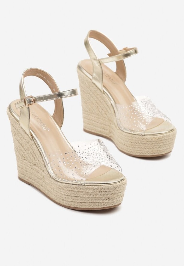 Złote Przezroczyste Sandały na Koturnie z Plecionką i Cyrkoniami Alulia