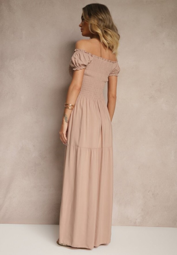 Beżowa Sukienka z Wiskozy w Stylu Hiszpanki Ozdobiona Marszczeniem Jenalena