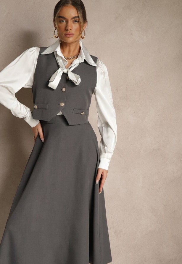 Szary 3- Częściowy Komplet Spódnica Kamizelka z Guzikami Koszula Ozdobiona Wiązaniem Avanessae