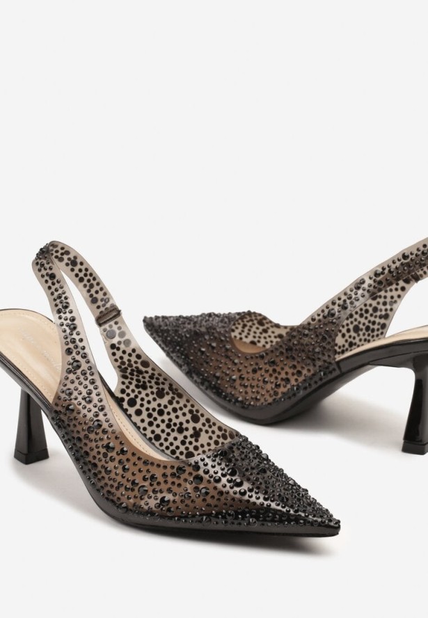 Czarne Sandały Szpilki z Noskiem w Szpic Zdobione Cyrkoniami Hanalitia