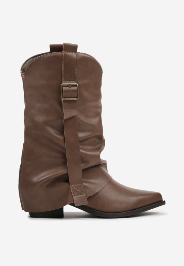 Brązowe Marszczone Botki Kowbojki z Cholewką Imitującą Nogawkę Ilosa