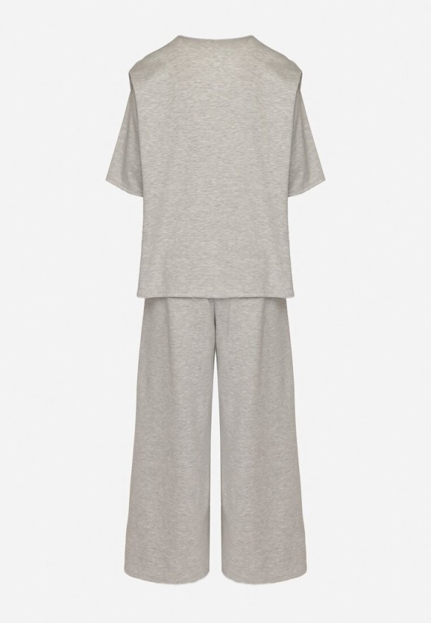 Szary Komplet z Wiskozą Szerokie Spodnie i Bluzka z Dekoltem w Serek Zeilora