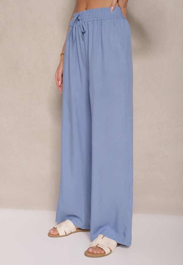 Niebieskie Szerokie Spodnie z Wiskozy High Waist Naivella