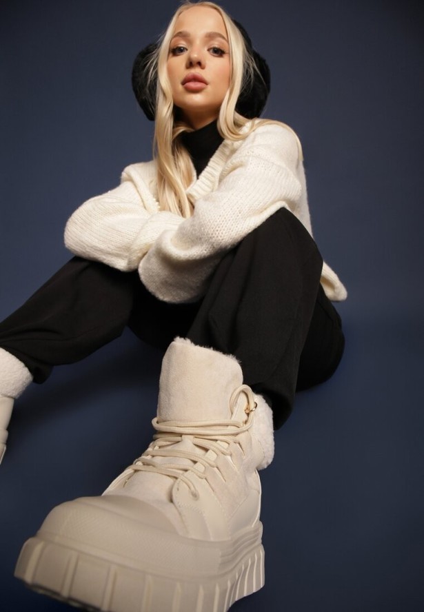 Beżowe Botki na Grubej Podeszwie z Futerkiem Nemda