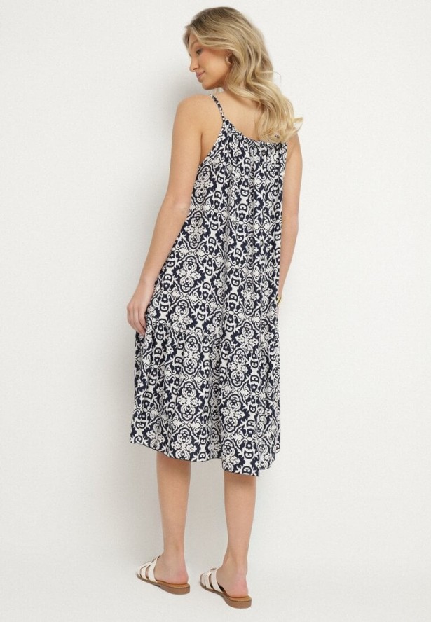 Granatowa Rozkloszowana Sukienka na Ramiączkach z Bawełny w Ornamentalny Wzór Valpio