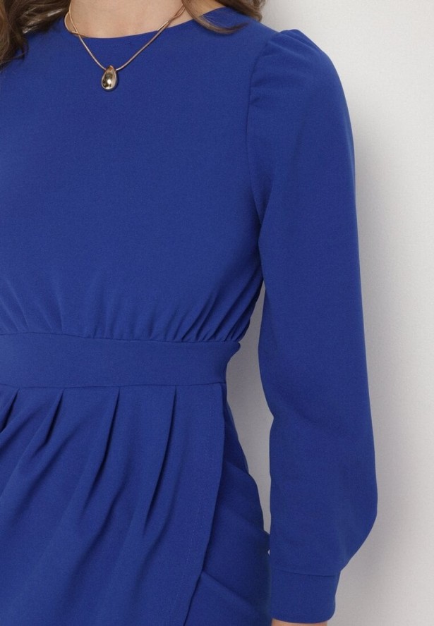 Niebieska Sukienka z Marszczeniem i Bufiastymi Rękawami Redenia