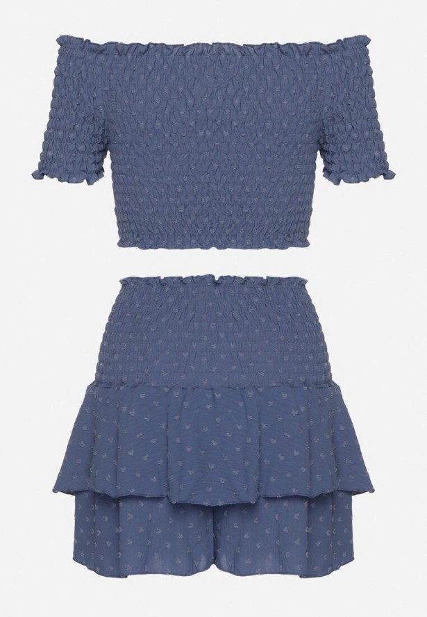 Niebieski Komplet Top w Stylu Hiszpanki i Spódnico-Szorty z Gumką Quillatta