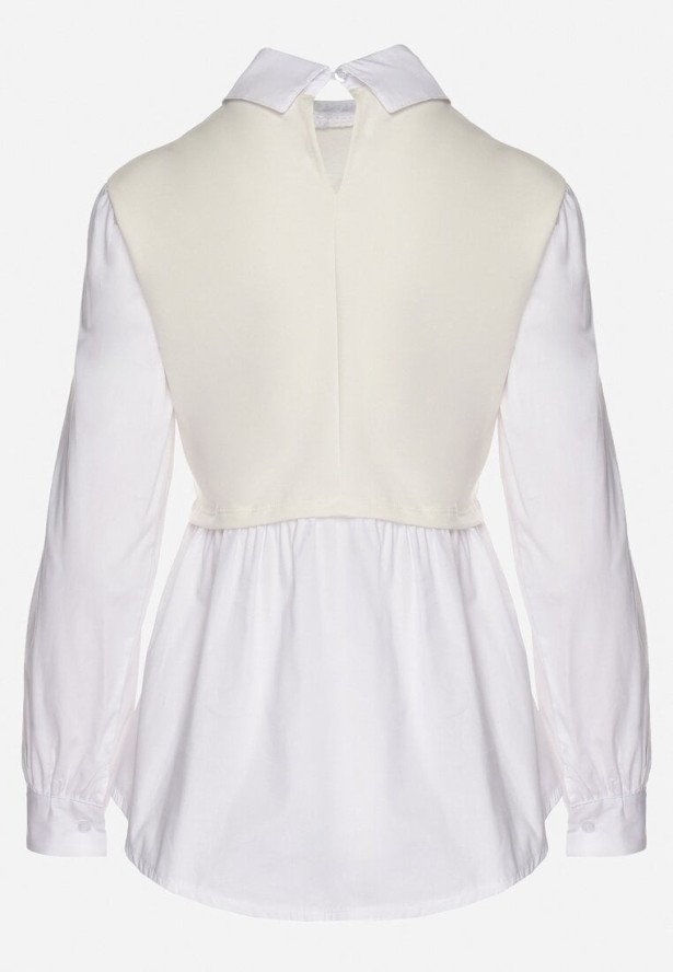 Jasnobeżowa Rozkloszowana Bluzka Koszulowa z Wiskozą z Wszytą Kamizelką z Cyrkoniami Uliaviela