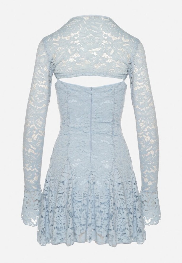 Niebieska Rozkloszowane Sukienka Koktajlowa z Koronką i Bolerkiem Eyrfedi
