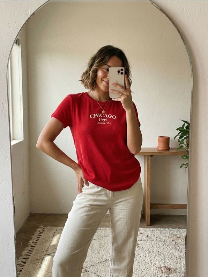 Prążkowana koszulka z napisem - czerwony