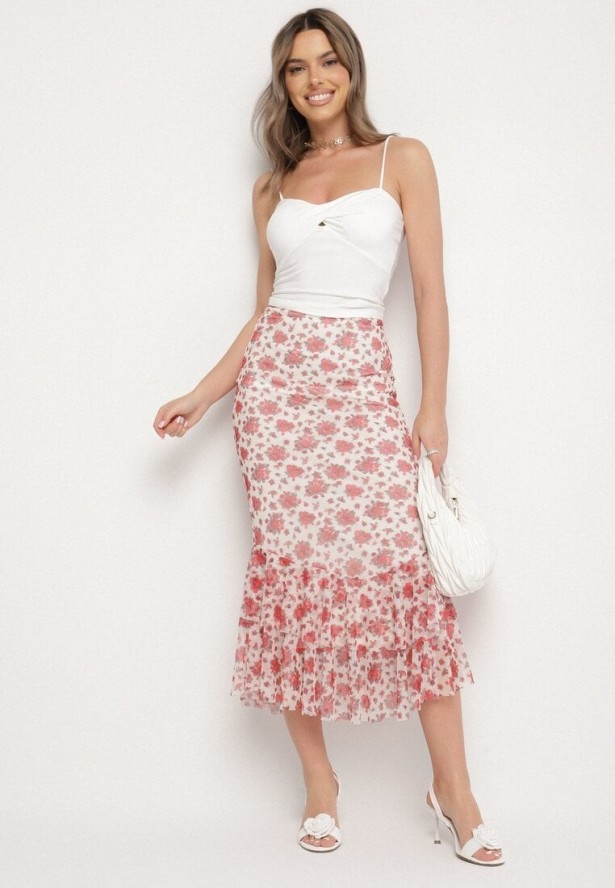 Biało-Czerwona Spódnica o Dopasowanym Kroju Zdobiona Falbanką Efririsse