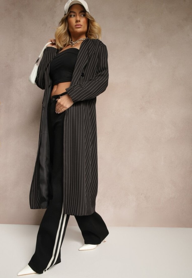 Czarny Płaszcz o Dwurzędowym Kroju w Stylu Marynarki w Paski Lanaritia