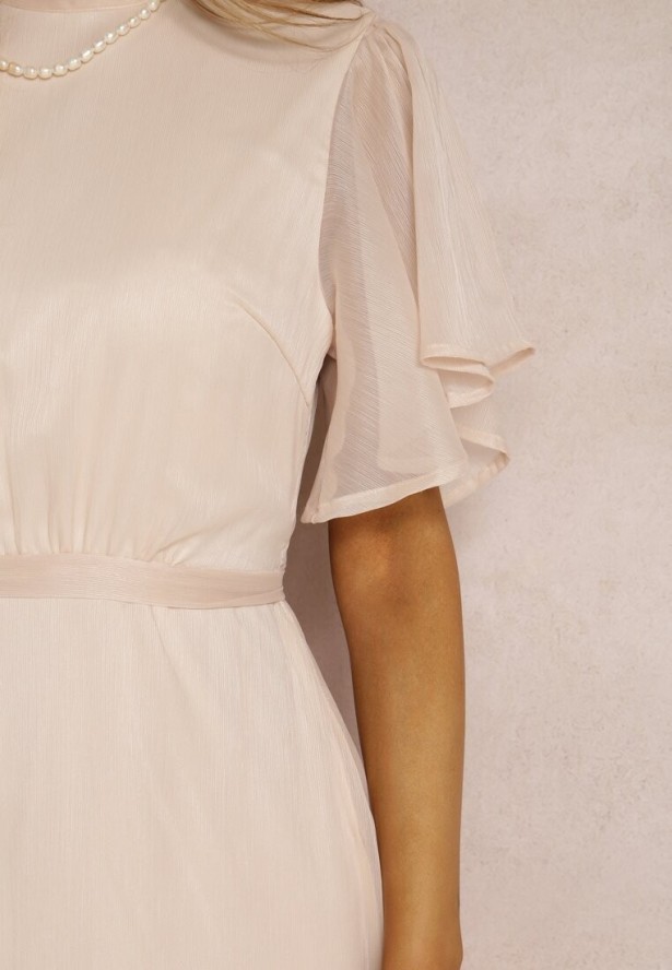 Beżowa Rozkloszowana Sukienka z Odkrytymi Plecami i Wiązaniem Syrissis